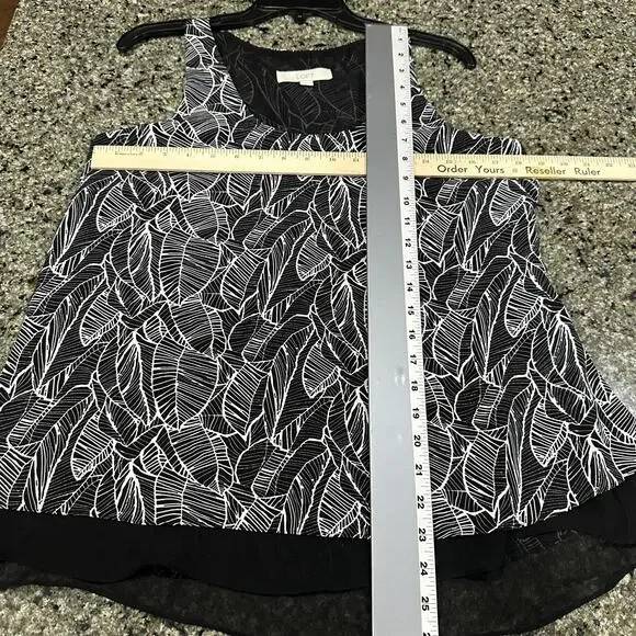 LOFT Tank Top Womens Size S Black White Leaf Print Sleeveless Blouse Layered Hem - Picture 4 of 7